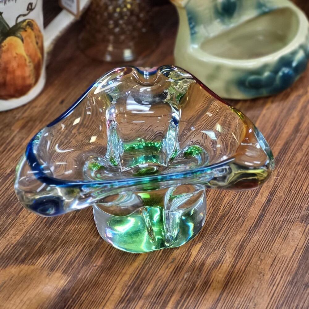 Vintage MCM Tricolor Ashtray Murano Style Glass Cigar Tobacciana Decor